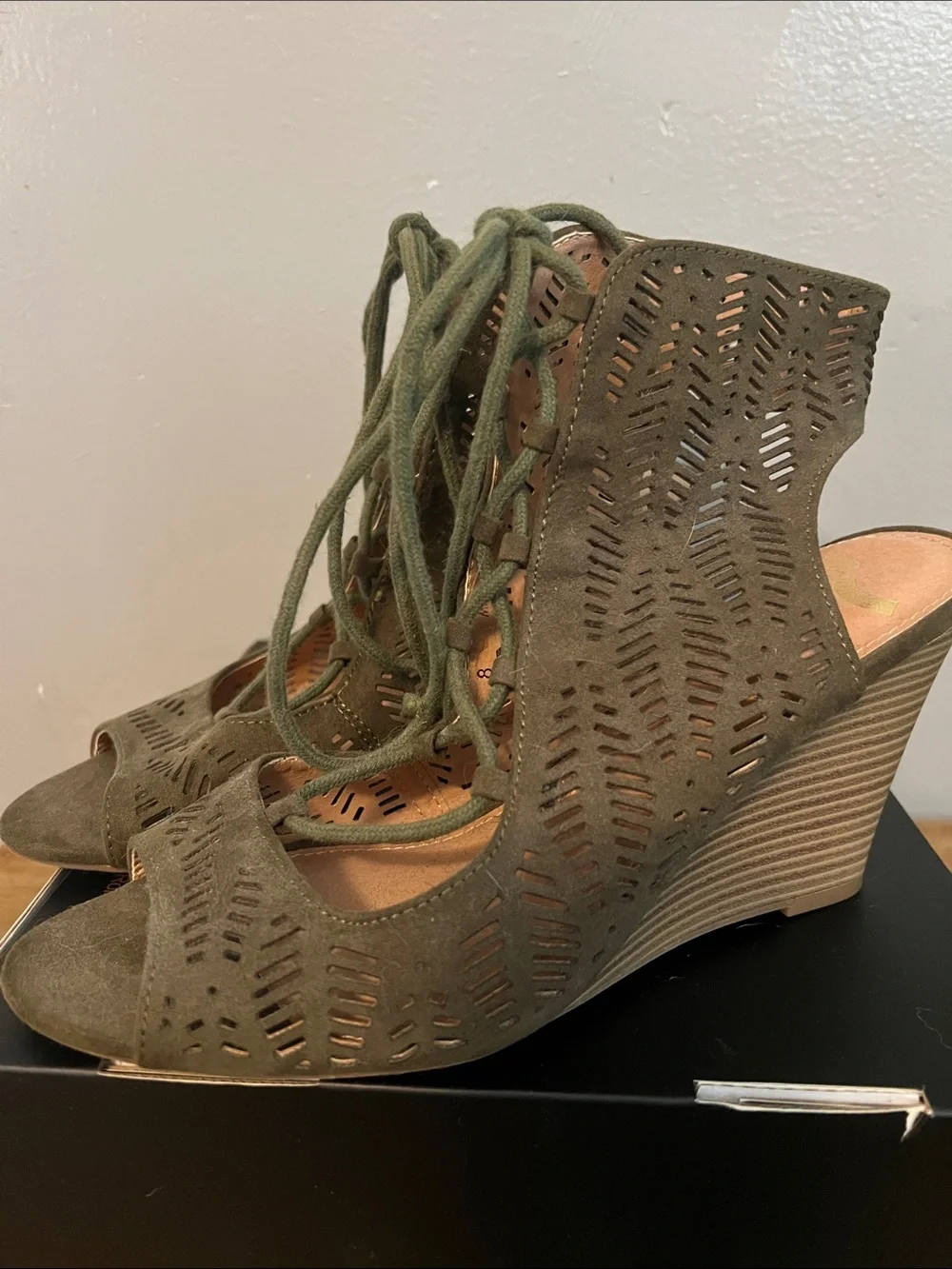 Report Olive Green Laser-Cut Lace-Up Wedge Sandals